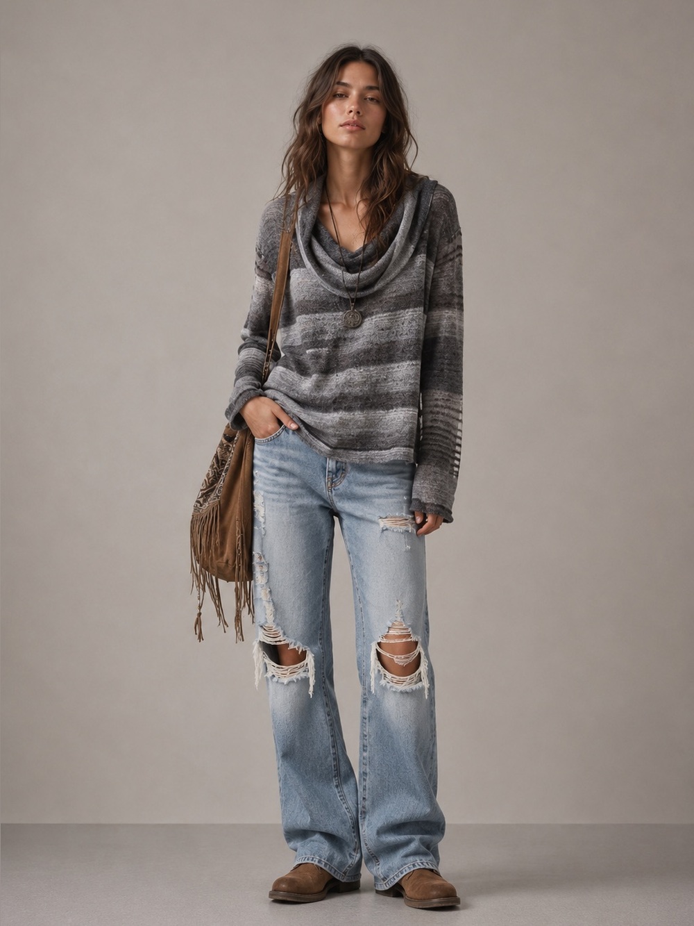 Prana Charcoal and Light Gray Striped Cowl Neck Sweater